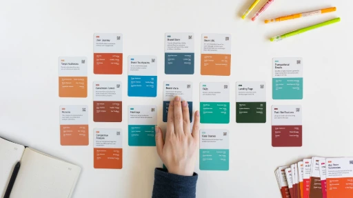 A hand touching a marketing strategy card on a white desk with pens