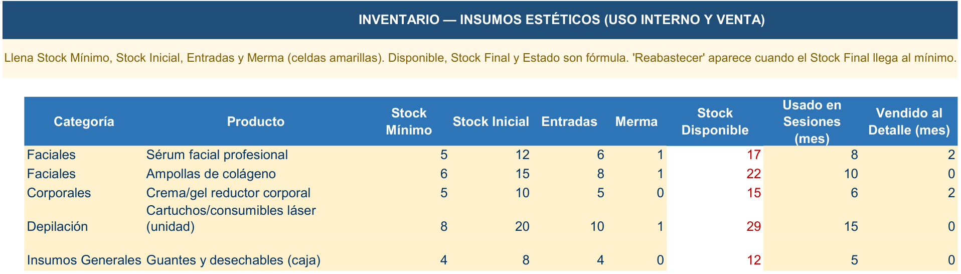 Hoja Inventario de la Herramienta de Gestión Centro de Estética