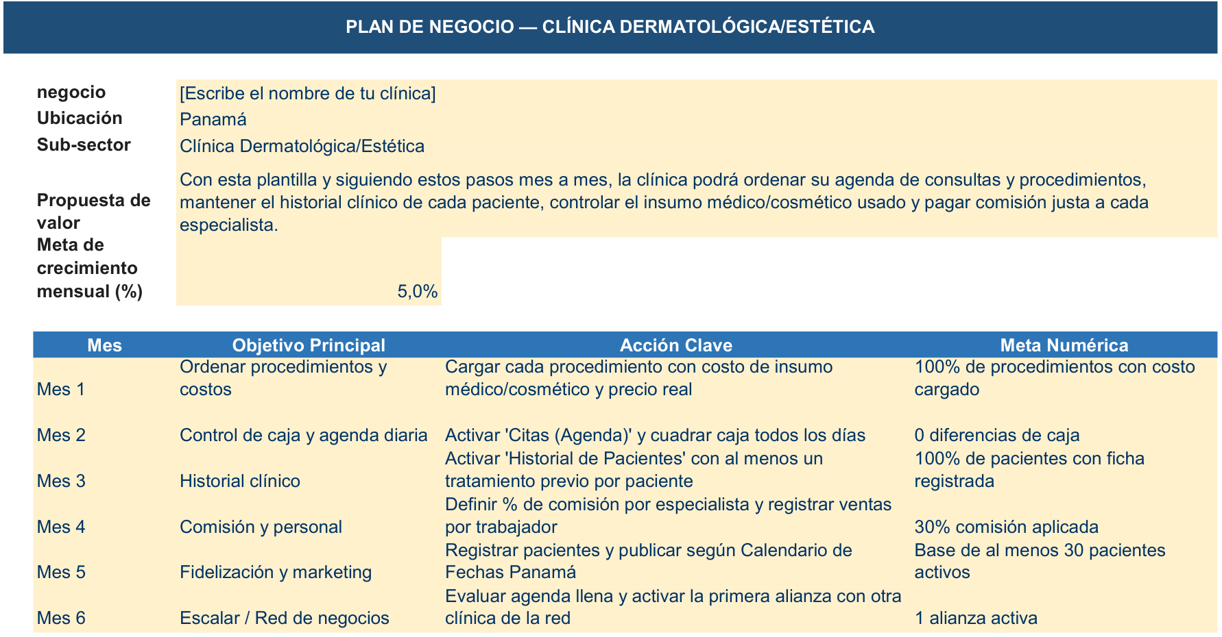 Hoja Plan de Negocio de la Herramienta de Gestión Clínica Dermatológica