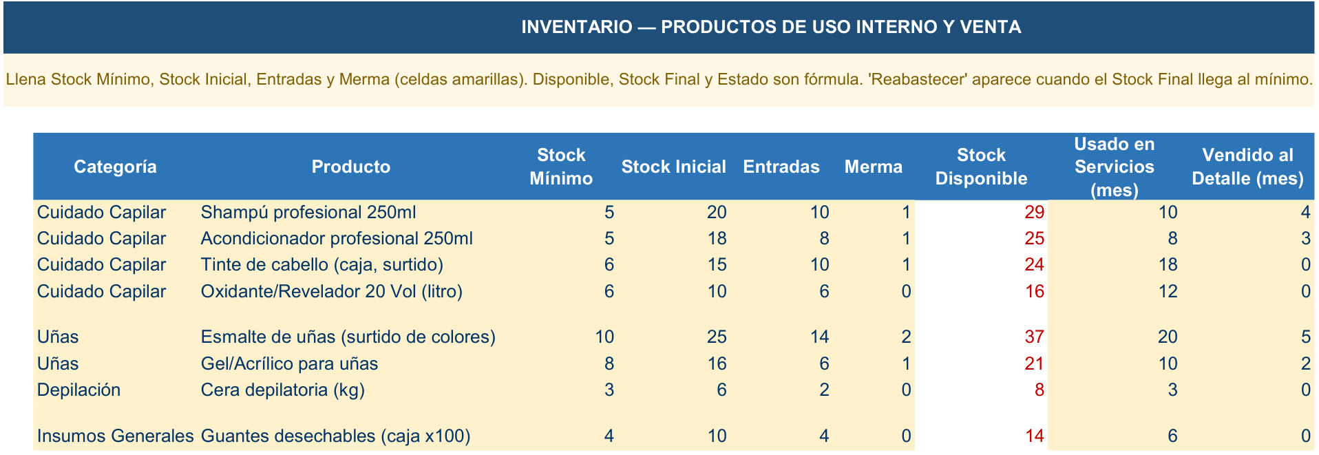 Hoja Inventario de la Herramienta de Gestión Salón de Belleza