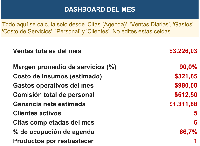 Monthly Dashboard sheet of the Management Tool Spa