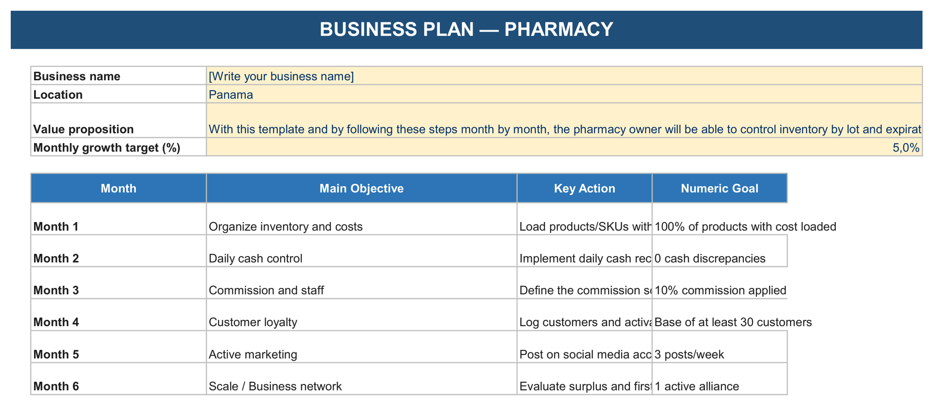 Business Plan sheet of the Management Tool Pharmacy