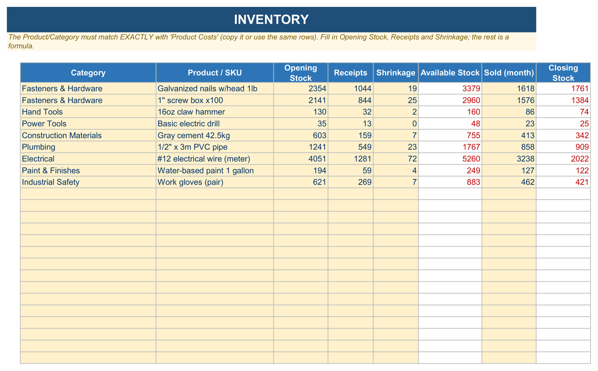 Inventory sheet of the Management Tool Hardware Store