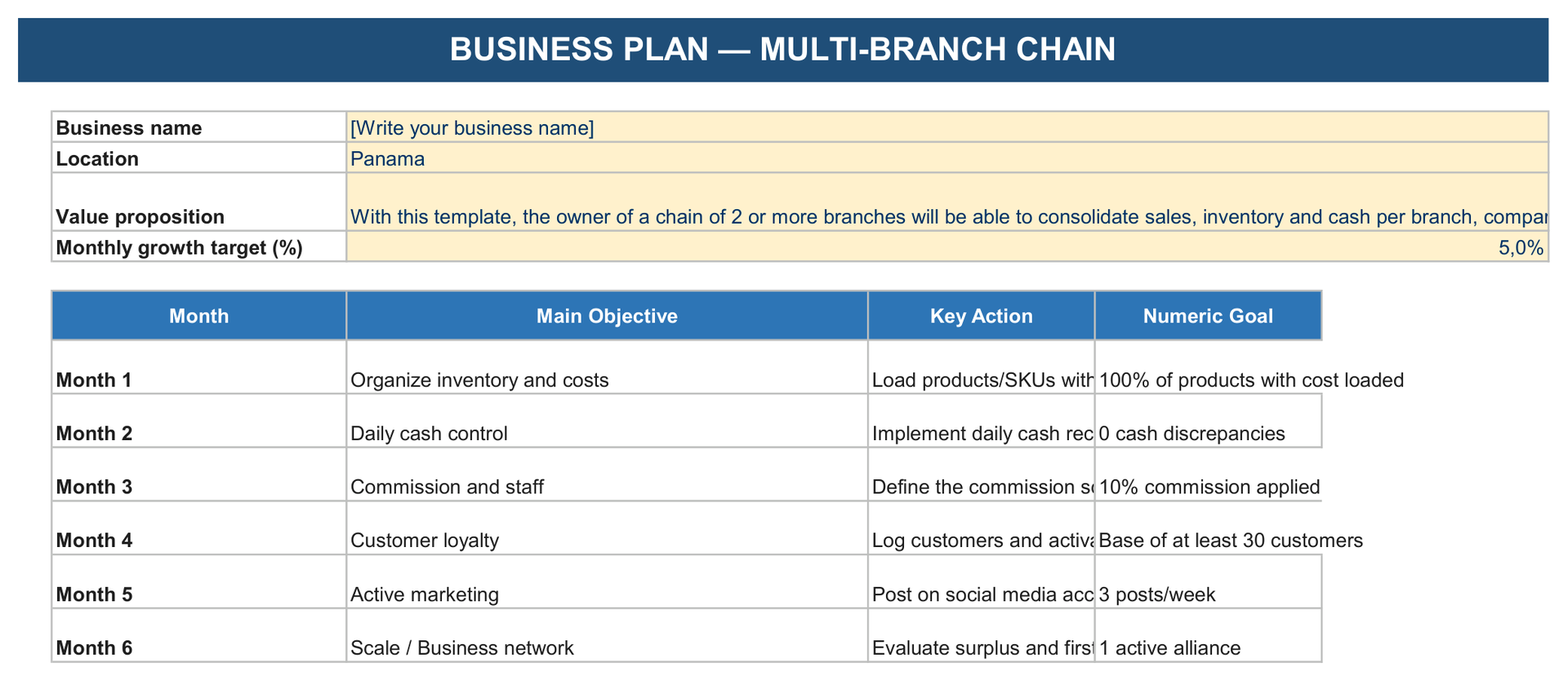 Business Plan sheet of the Management Tool Multi-Branch