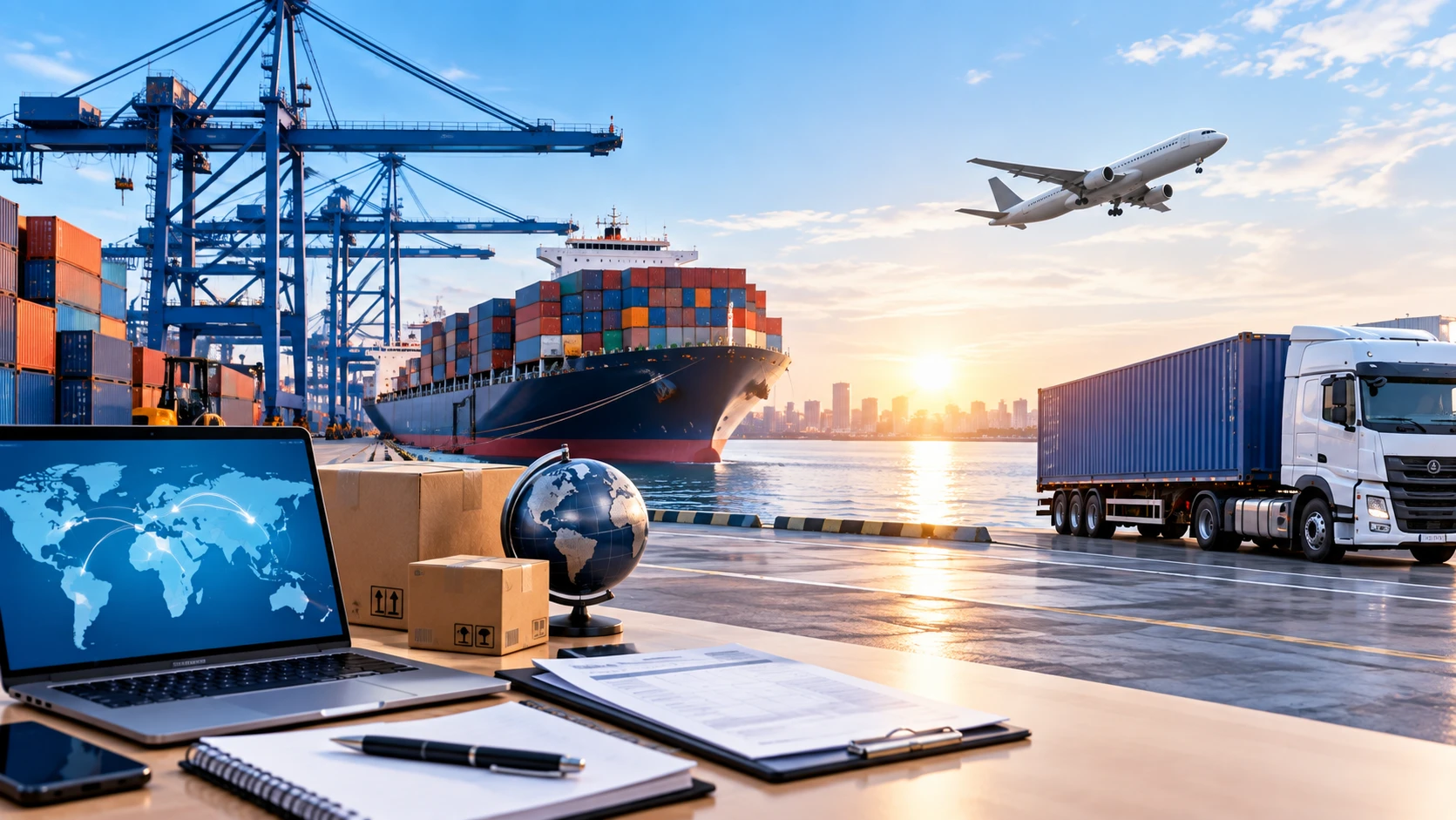 Port with container ship, truck, plane and a laptop showing a global shipping map