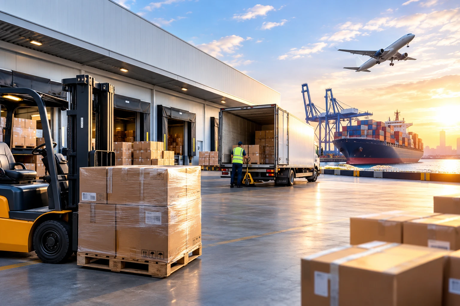 Warehouse dock with forklift, loaded truck, container ship and plane